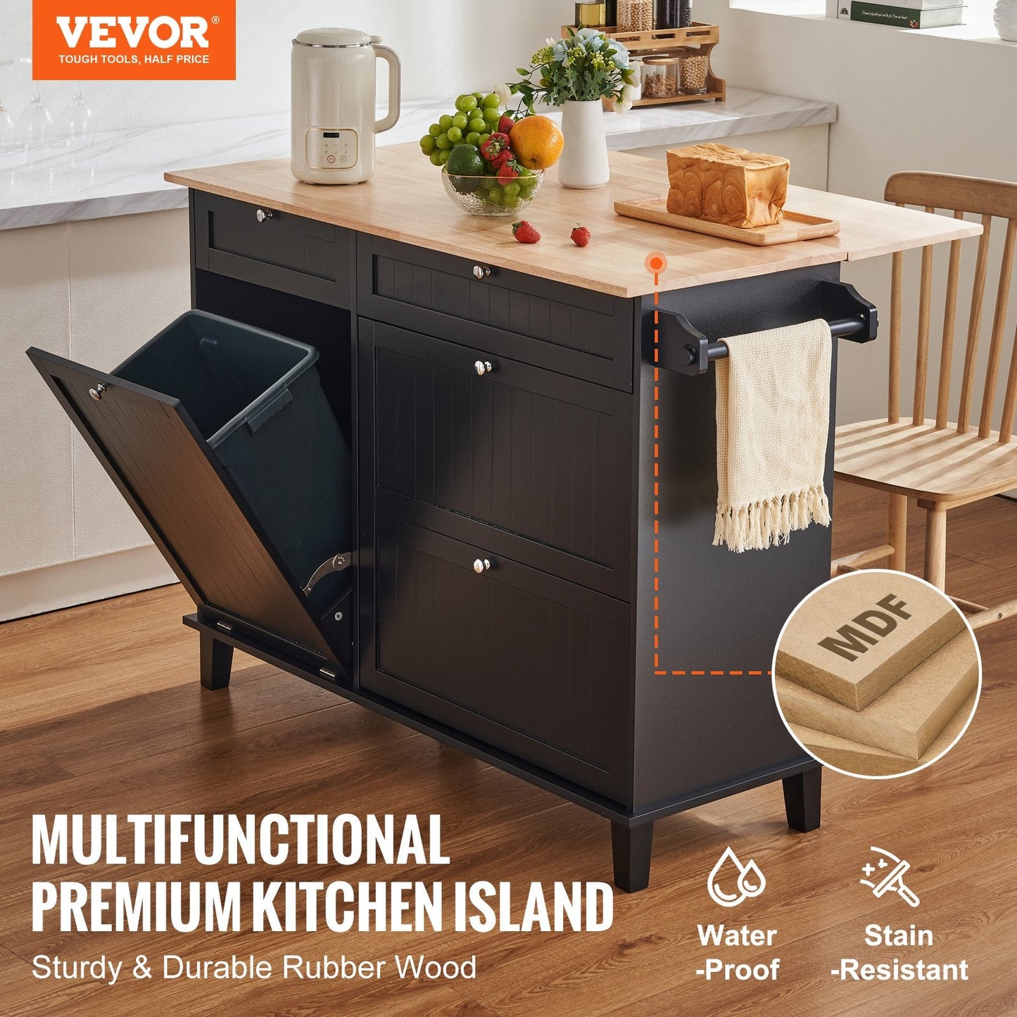 Multifunctional Kitchen Cart with Storage, Drawer & Trash Cabinet, 128x74x93 cm