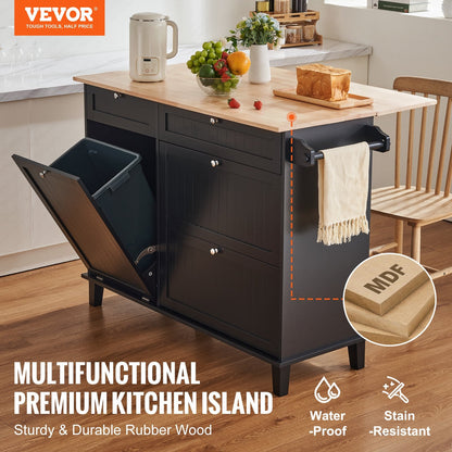 Multifunctional Kitchen Cart with Storage, Drawer & Trash Cabinet, 128x74x93 cm