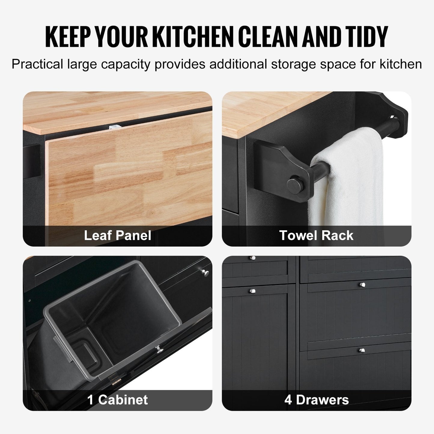 Multifunctional Kitchen Cart with Storage, Drawer & Trash Cabinet, 128x74x93 cm