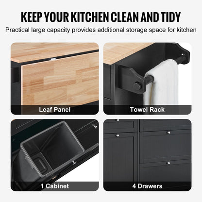 Multifunctional Kitchen Cart with Storage, Drawer & Trash Cabinet, 128x74x93 cm