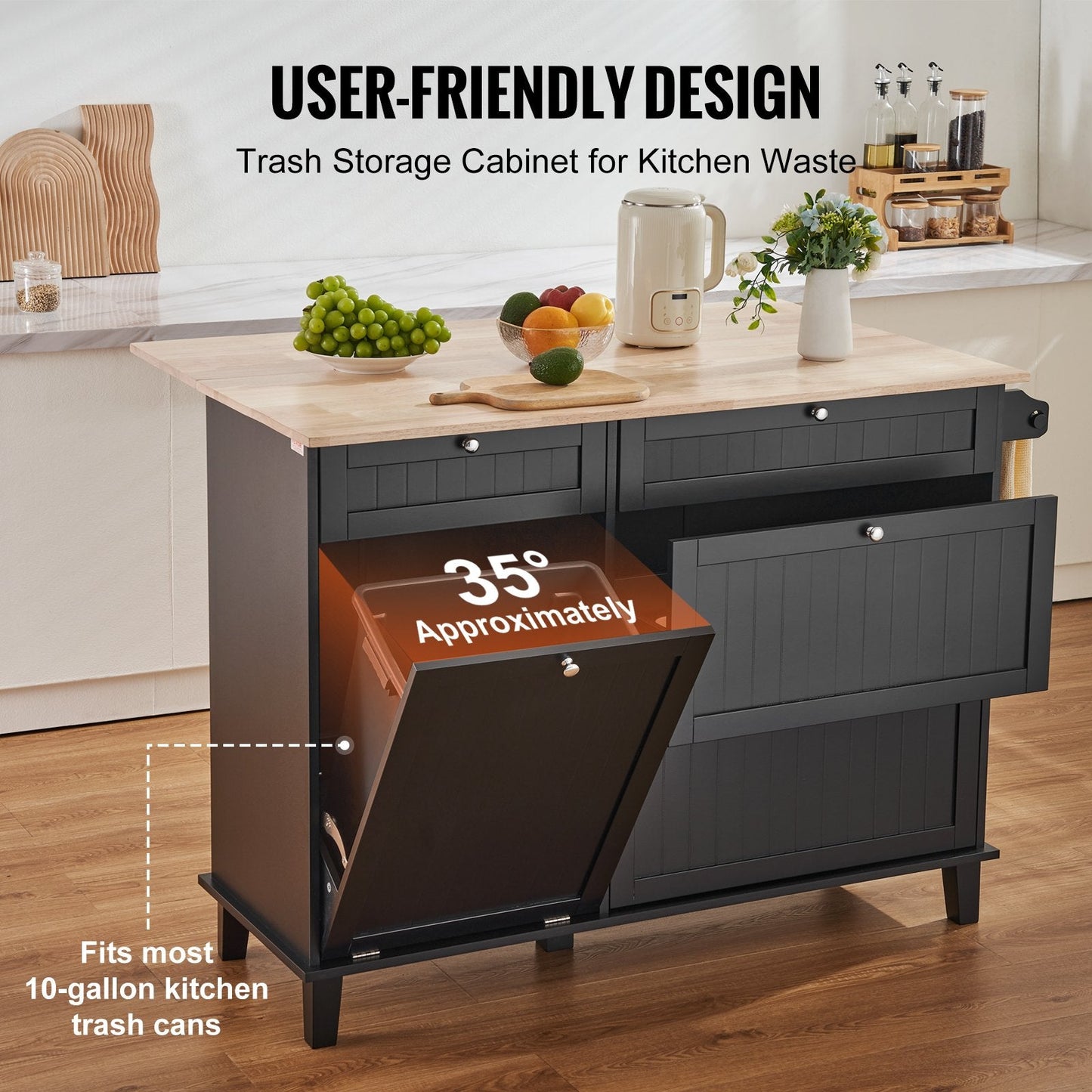 Multifunctional Kitchen Cart with Storage, Drawer & Trash Cabinet, 128x74x93 cm