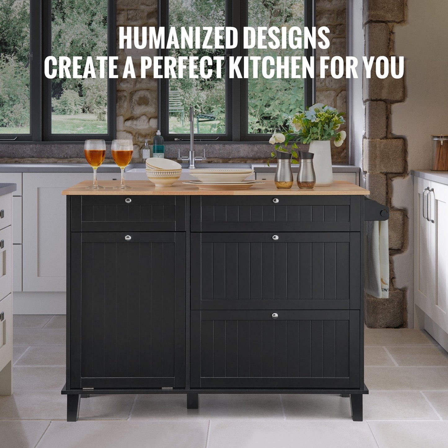 Multifunctional Kitchen Cart with Storage, Drawer & Trash Cabinet, 128x74x93 cm