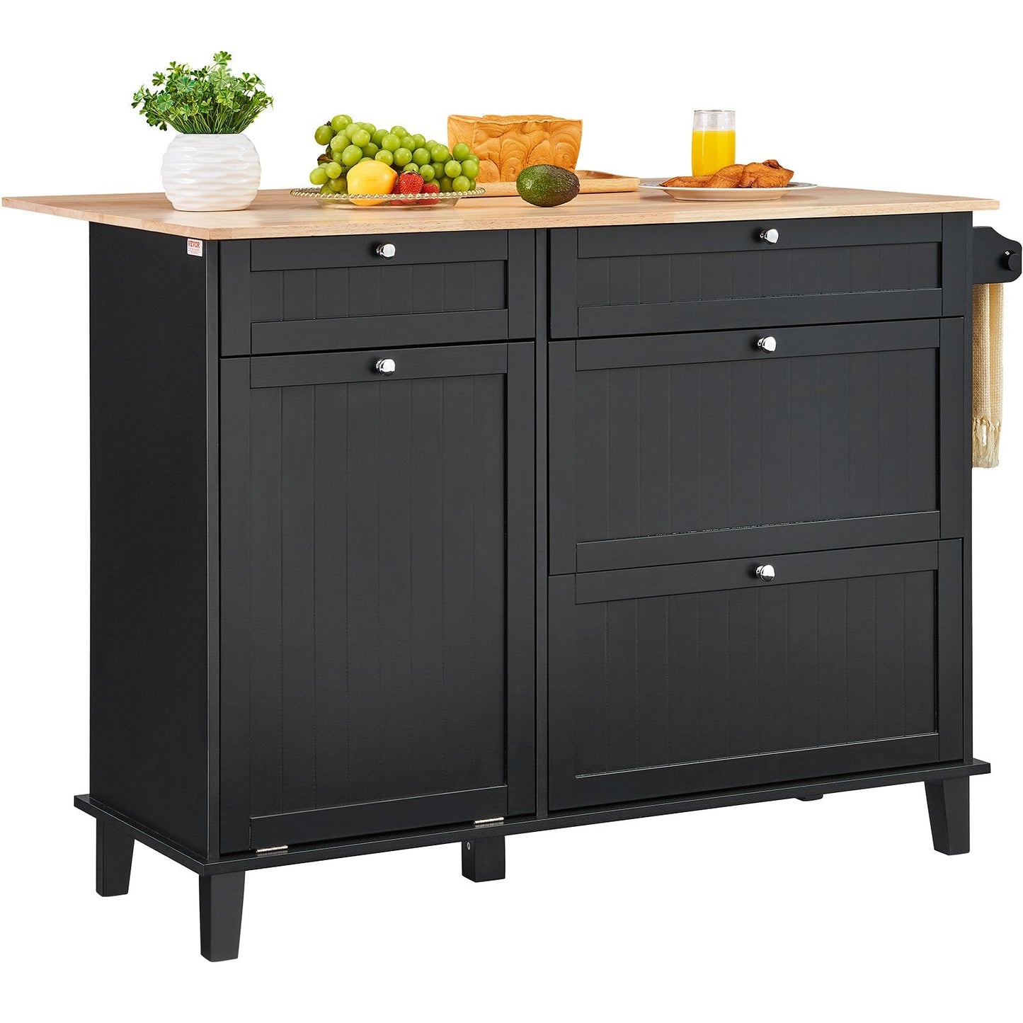 Multifunctional Kitchen Cart with Storage, Drawer & Trash Cabinet, 128x74x93 cm