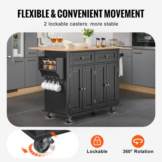 Mobile Kitchen Island Cart with Drawer & Shelves, 1.1m, 36.3kg, Wood & Black