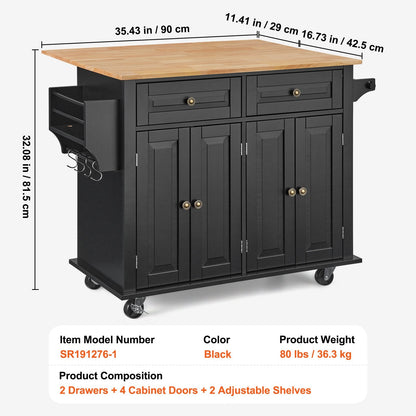 Mobile Kitchen Island Cart with Drawer & Shelves, 1.1m, 36.3kg, Wood & Black
