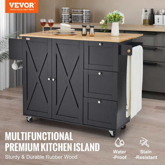 VEVOR Kitchen Island Cart Rolling Storage Cabinet on Wheel with Drawer & Shelves