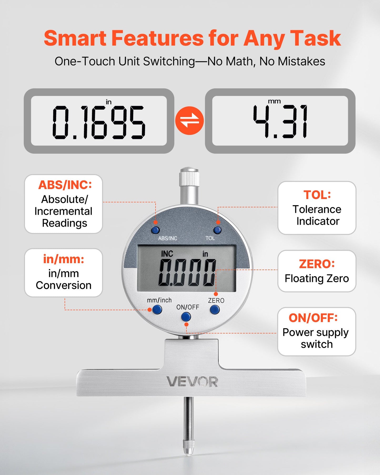 Depth Gauge, Depth Micrometer Digital Electronic Indicator 0-558.8 mm Measuring Range, 0.01 mm Resolution, Precision Unit Conversion with 4 Anvils, Measuring Tool for Groove, Step, Hole