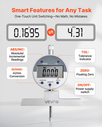 Depth Gauge, Depth Micrometer Digital Electronic Indicator 0-558.8 mm Measuring Range, 0.01 mm Resolution, Precision Unit Conversion with 4 Anvils, Measuring Tool for Groove, Step, Hole