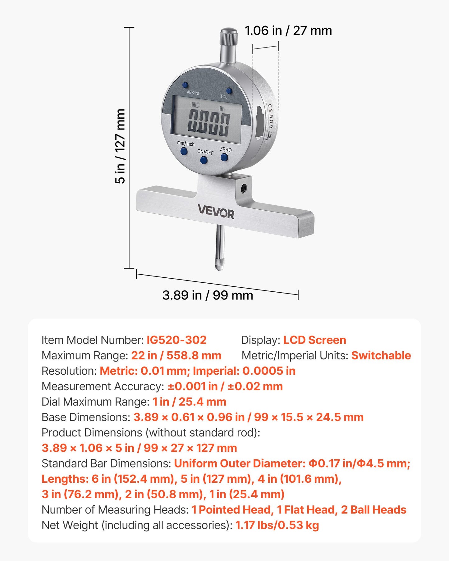 Depth Gauge, Depth Micrometer Digital Electronic Indicator 0-558.8 mm Measuring Range, 0.01 mm Resolution, Precision Unit Conversion with 4 Anvils, Measuring Tool for Groove, Step, Hole