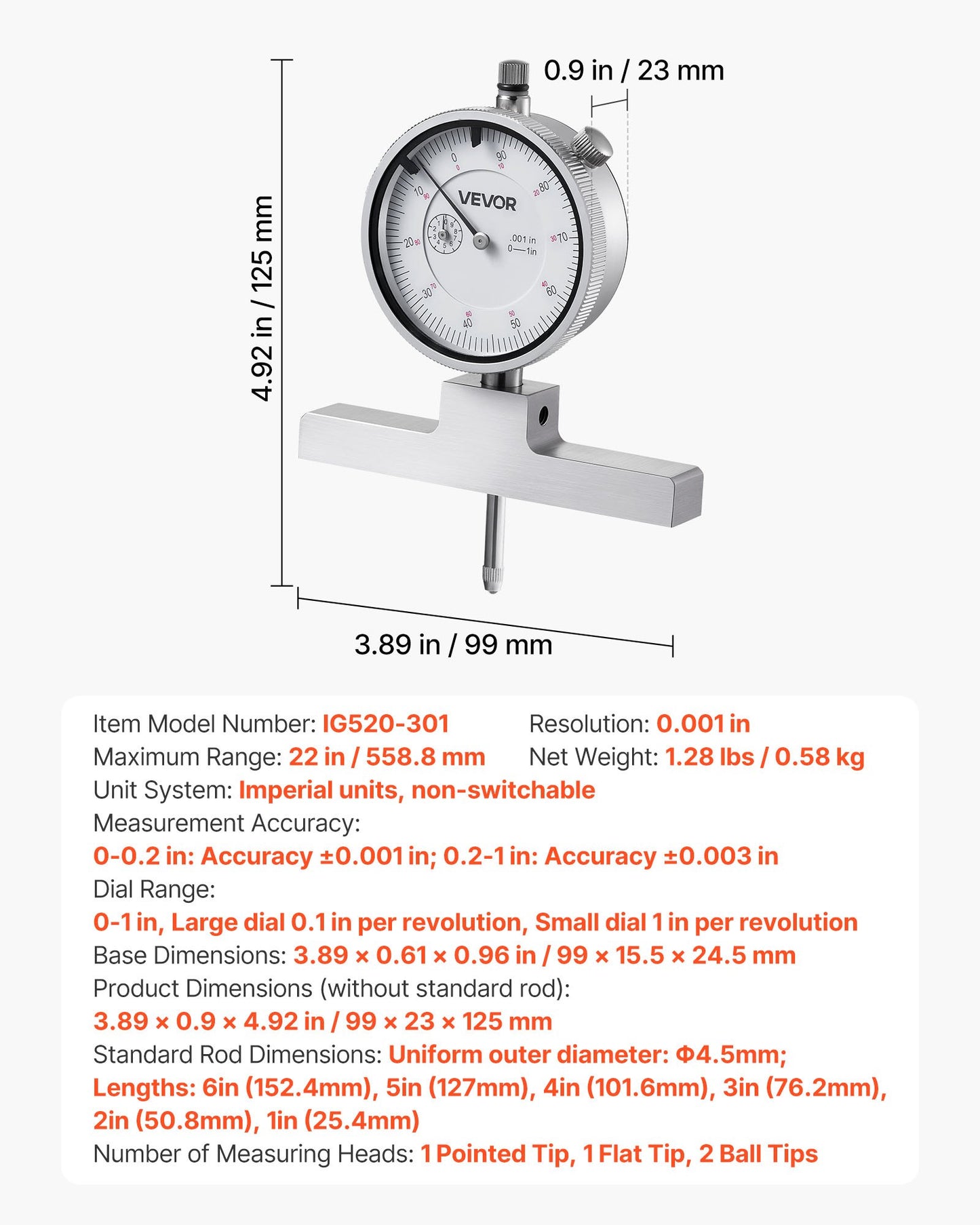 Depth Gauge, Depth Micrometer 0-22 in Measuring Range, 0.001 in Resolution, with 4 Anvils & 6 Standard Rods, Precision Easy to Read Mechanical Tool for Measuring Groove, Step, Hole