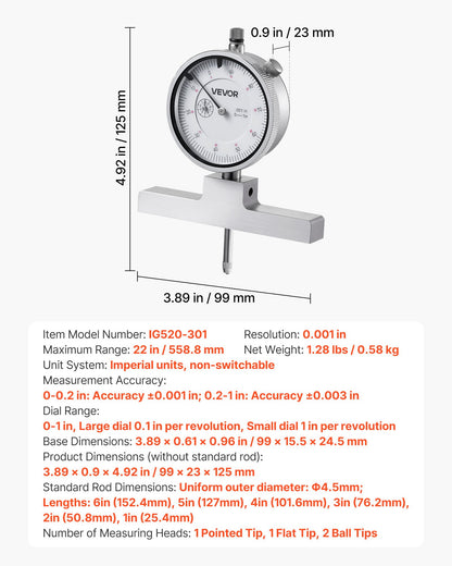 Depth Gauge, Depth Micrometer 0-22 in Measuring Range, 0.001 in Resolution, with 4 Anvils & 6 Standard Rods, Precision Easy to Read Mechanical Tool for Measuring Groove, Step, Hole