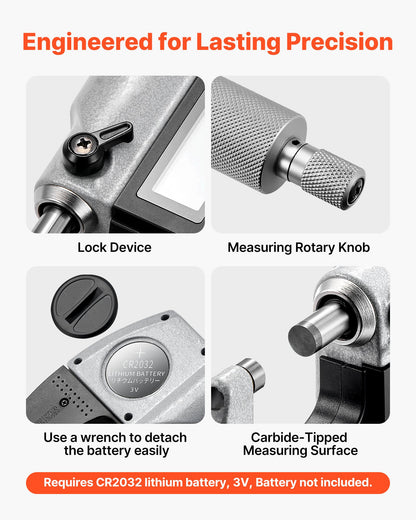 Micrometer Set, Digital Outside Micrometer 0-25.4 mm Measuring Range, 0.001 mm Resolution, Ultra-Precision Accuracy, LCD Screen, in/mm Switch, Carbide Tip, with Protective Case