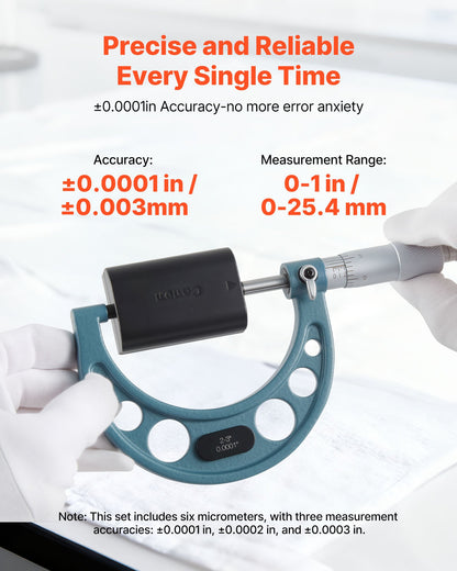 6 PCS Micrometer Set, 0-1/1-2/2-3/3-4/4-5/5-6/in Machinist Outside Micrometer, Precision Accuracy, Professional Machinist Tools with Protective Case, for Metalworking Engineering