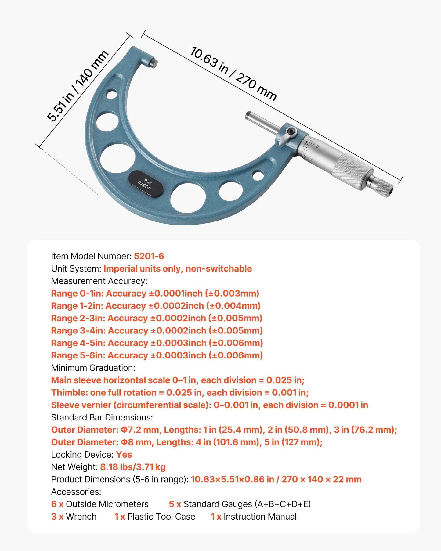 6 PCS Micrometer Set, 0-1/1-2/2-3/3-4/4-5/5-6/in Machinist Outside Micrometer, Precision Accuracy, Professional Machinist Tools with Protective Case, for Metalworking Engineering