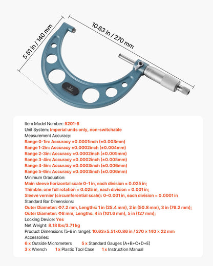 6 PCS Micrometer Set, 0-1/1-2/2-3/3-4/4-5/5-6/in Machinist Outside Micrometer, Precision Accuracy, Professional Machinist Tools with Protective Case, for Metalworking Engineering