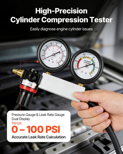 Engine Cylinder Compression Tester Kit, Pressure Gauge Range of 0-100 PSI, Automotive Leak Down Tester Kit with 4 Adapters, 2 Metal Tubes, Pressure Check & Leakage Rate Test on Cars, Motorcycles