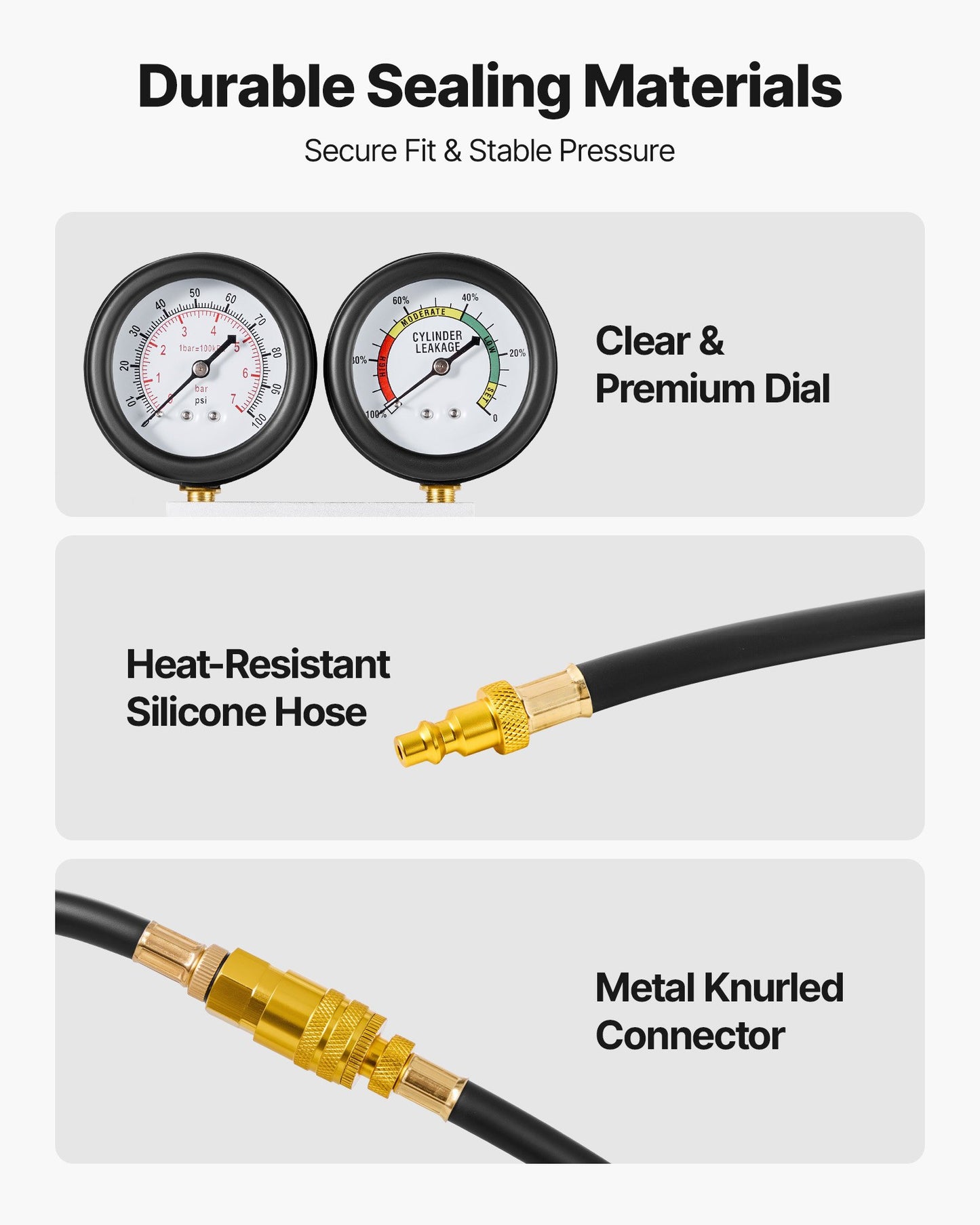 Engine Cylinder Compression Tester Kit, Pressure Gauge Range of 0-100 PSI, Automotive Leak Down Tester Kit with 4 Adapters, 2 Metal Tubes, Pressure Check & Leakage Rate Test on Cars, Motorcycles