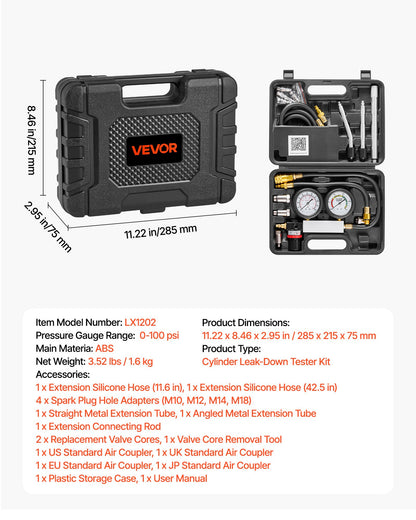 Engine Cylinder Compression Tester Kit, Pressure Gauge Range of 0-100 PSI, Automotive Leak Down Tester Kit with 4 Adapters, 2 Metal Tubes, Pressure Check & Leakage Rate Test on Cars, Motorcycles