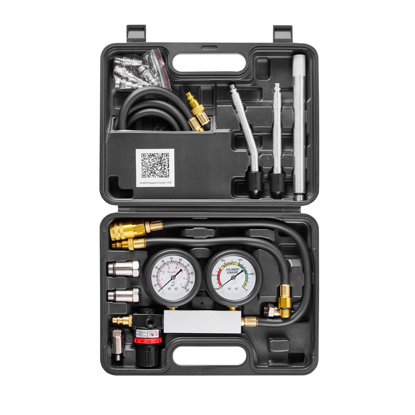 Engine Cylinder Compression Tester Kit, Pressure Gauge Range of 0-100 PSI, Automotive Leak Down Tester Kit with 4 Adapters, 2 Metal Tubes, Pressure Check & Leakage Rate Test on Cars, Motorcycles