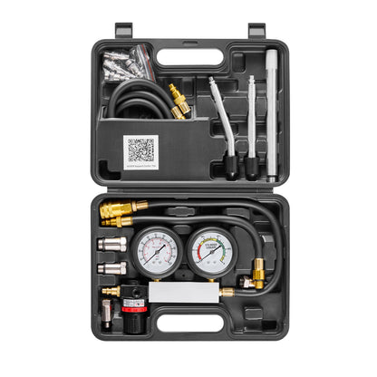 Engine Cylinder Compression Tester Kit, Pressure Gauge Range of 0-100 PSI, Automotive Leak Down Tester Kit with 4 Adapters, 2 Metal Tubes, Pressure Check & Leakage Rate Test on Cars, Motorcycles