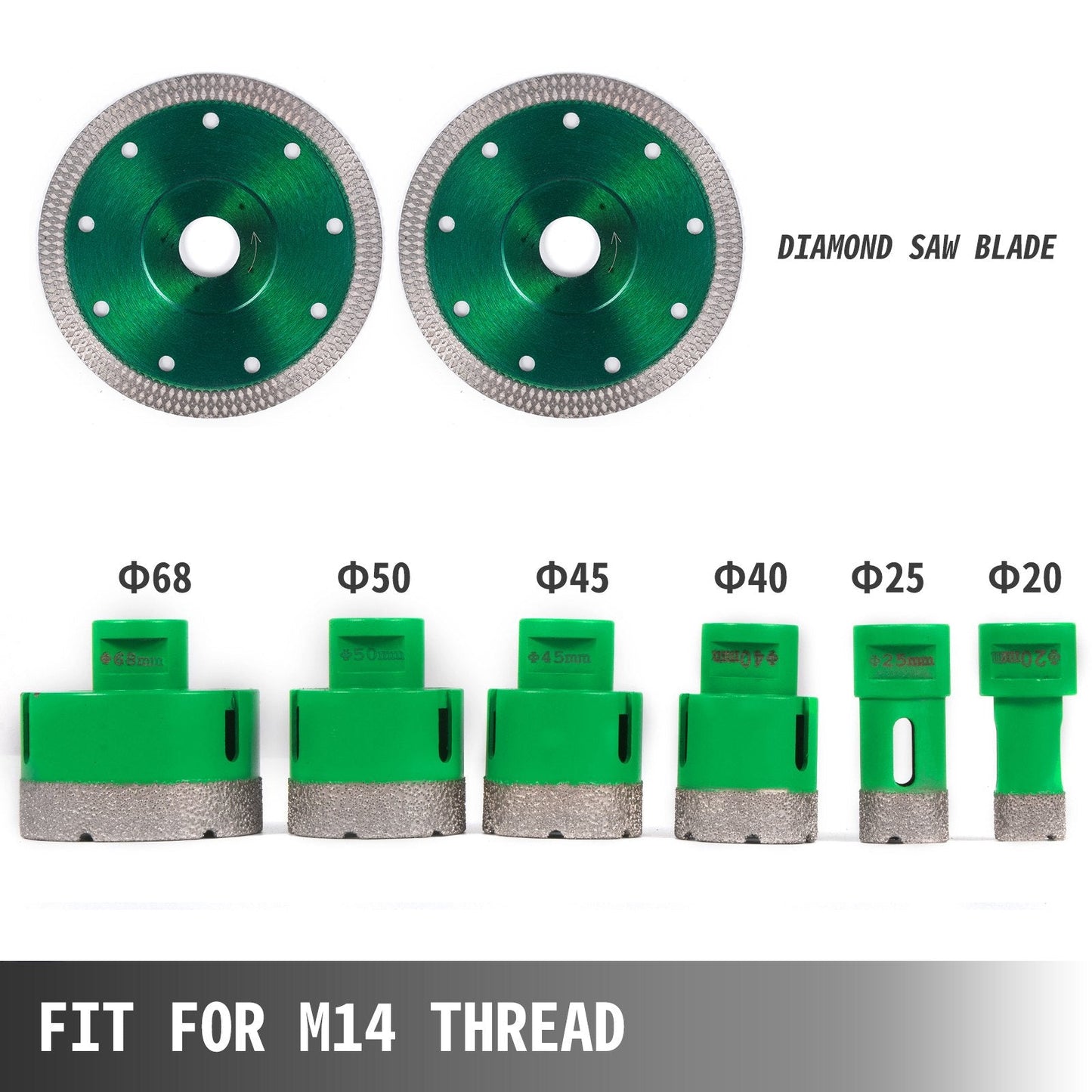 Diamond Hole Saw Set with Glass Drills, 6 Sizes (20-68mm), M14 Thread Compatible
