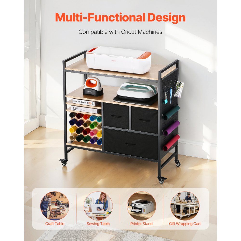 Rolling Craft Cart and Storage Table with 20 Vinyl Roll Holders 3 Drawers Black
