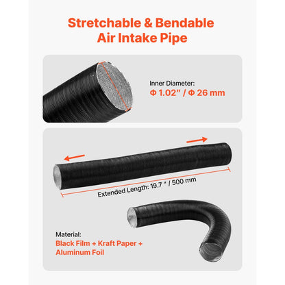 Diesel Heater Intake Pipe Kit, 25mm Car Air Parking Heater Ducting Pipe Hose Tube, Stretchable & Bendable Car Air Intake Filter Silencer Hose Pipes Kit with Clamps for 2KW 5KW 8KW Diesel Heaters