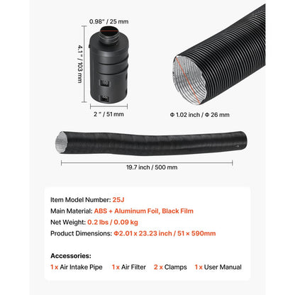 Diesel Heater Intake Pipe Kit, 25mm Car Air Parking Heater Ducting Pipe Hose Tube, Stretchable & Bendable Car Air Intake Filter Silencer Hose Pipes Kit with Clamps for 2KW 5KW 8KW Diesel Heaters