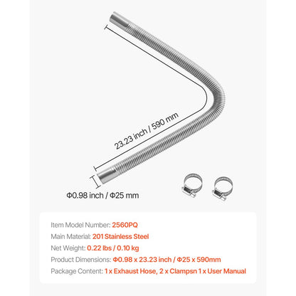 Exhaust Hose, 600mm Diesel Heater Flexible Exhaust Pipe, Stainless Steel Exhausts Hoses with 2 Hose Clamps, Air Diesel Parking Heater Exhausts Hoses Line for 2KW 5KW 8KW Diesels Heaters