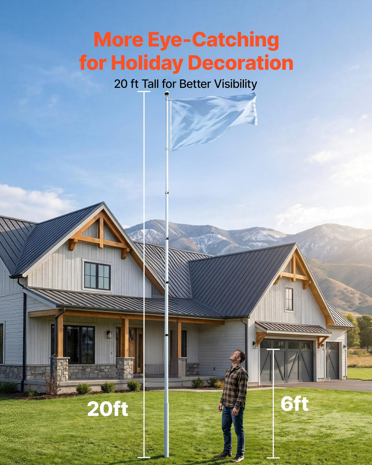 Flag Pole, 6.09 m Heavy Duty Telescopic Flagpole Kit for Outside House In Ground, Extra Thick Outdoor Aluminum Flagpole Kit with PVC Ground Sleeve for Yard, Residential or Commercial Use, Silver