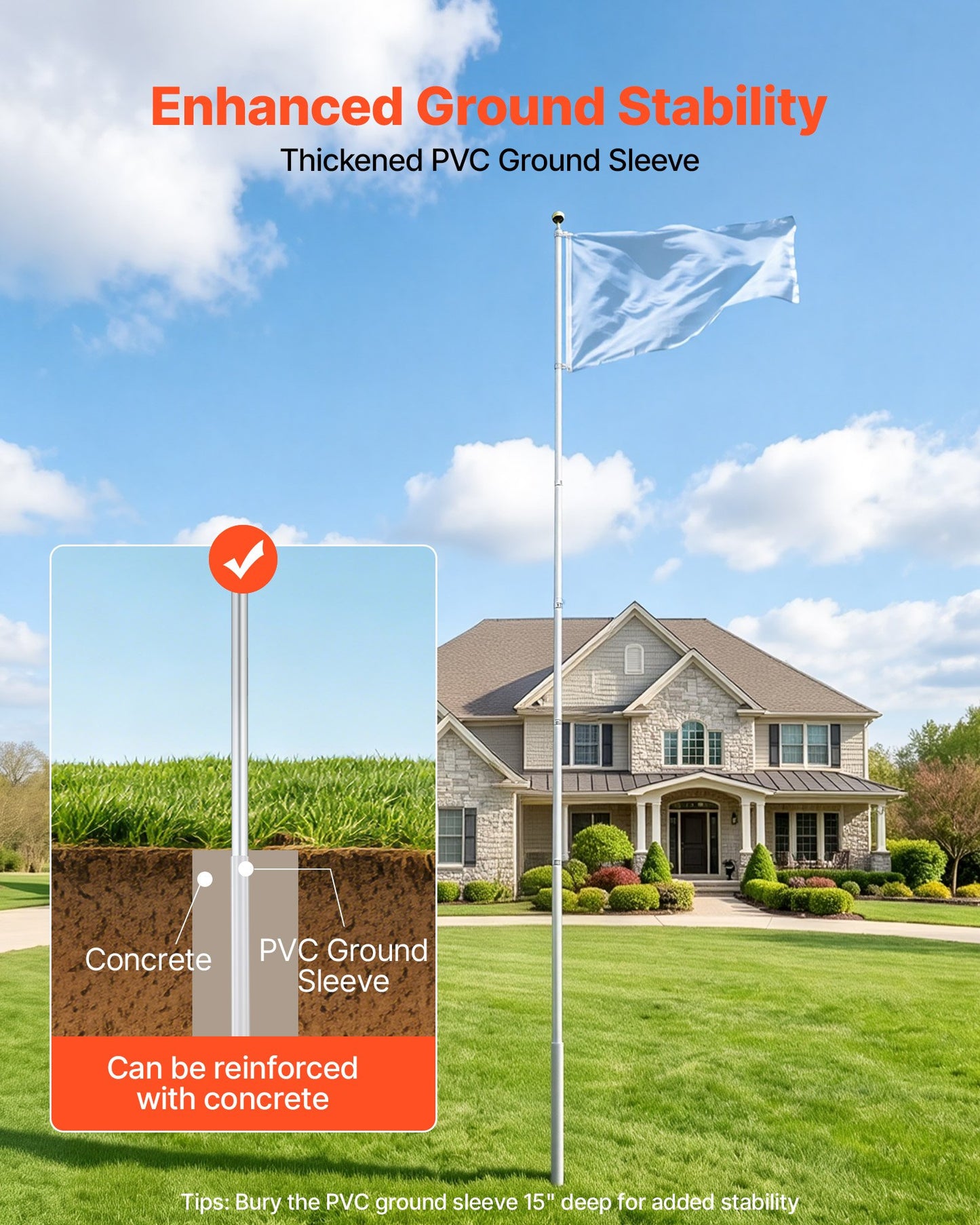 Flag Pole, 6.09 m Heavy Duty Telescopic Flagpole Kit for Outside House In Ground, Extra Thick Outdoor Aluminum Flagpole Kit with PVC Ground Sleeve for Yard, Residential or Commercial Use, Silver
