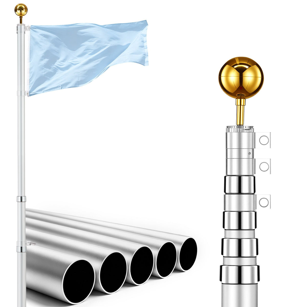 Flag Pole, 6.09 m Heavy Duty Telescopic Flagpole Kit for Outside House In Ground, Extra Thick Outdoor Aluminum Flagpole Kit with PVC Ground Sleeve for Yard, Residential or Commercial Use, Silver