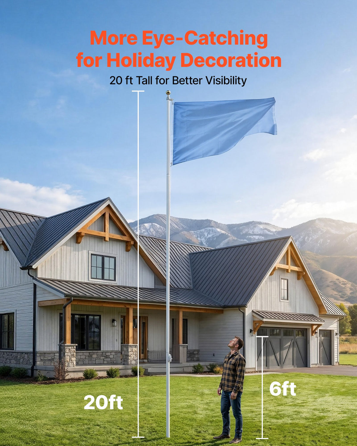 Flag Pole, 6.09 m Heavy Duty Sectional Flagpole Kit for Outside House In Ground, Extra Thick Outdoor Aluminum Flagpole Kit with PVC Ground Sleeve for Yard, Residential or Commercial Use, Silver