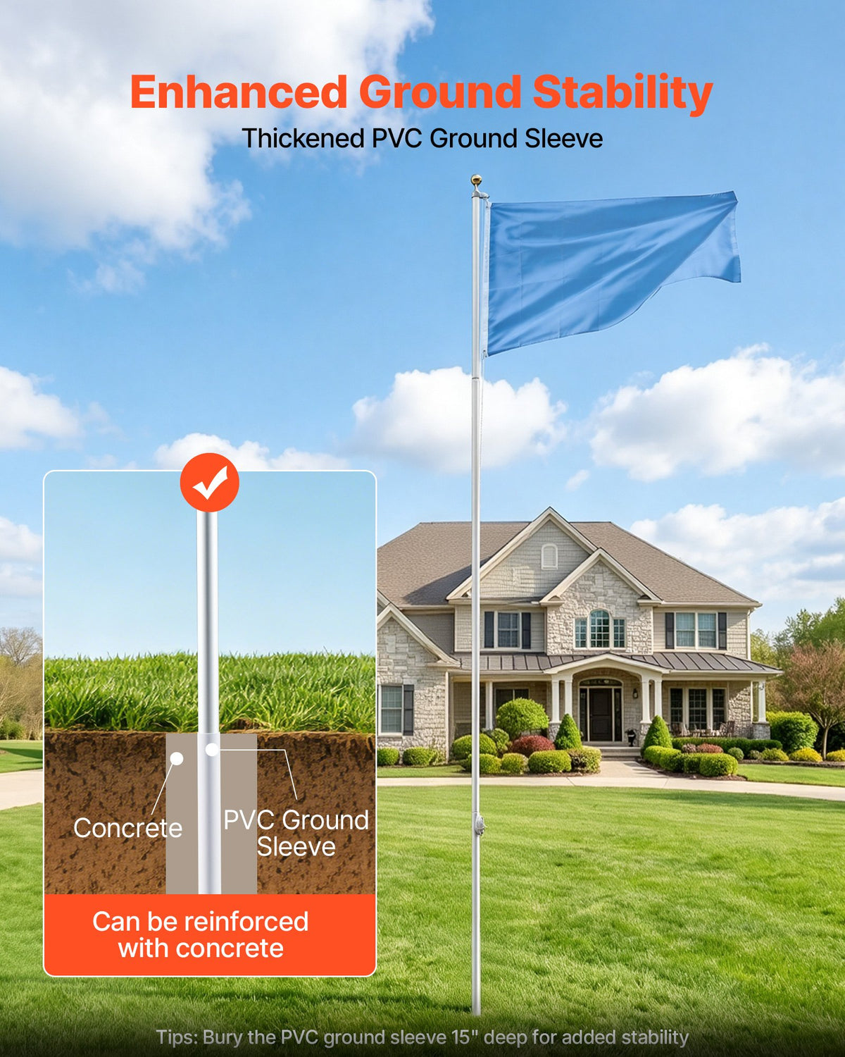 Flag Pole, 6.09 m Heavy Duty Sectional Flagpole Kit for Outside House In Ground, Extra Thick Outdoor Aluminum Flagpole Kit with PVC Ground Sleeve for Yard, Residential or Commercial Use, Silver