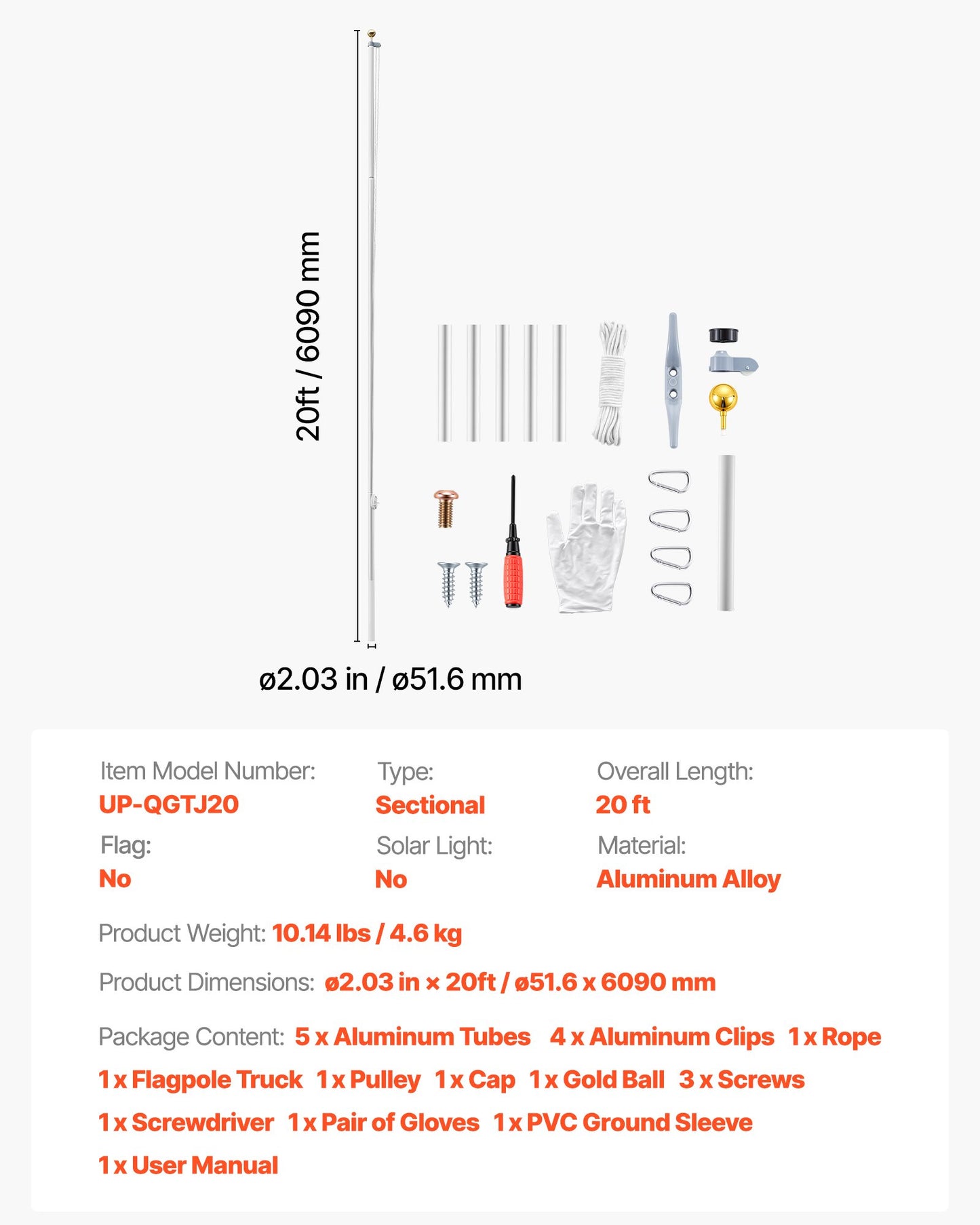 Flag Pole, 6.09 m Heavy Duty Sectional Flagpole Kit for Outside House In Ground, Extra Thick Outdoor Aluminum Flagpole Kit with PVC Ground Sleeve for Yard, Residential or Commercial Use, Silver