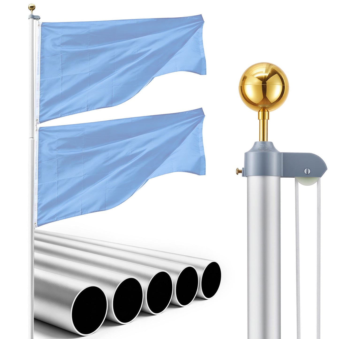 Flag Pole, 6.09 m Heavy Duty Sectional Flagpole Kit for Outside House In Ground, Extra Thick Outdoor Aluminum Flagpole Kit with PVC Ground Sleeve for Yard, Residential or Commercial Use, Silver