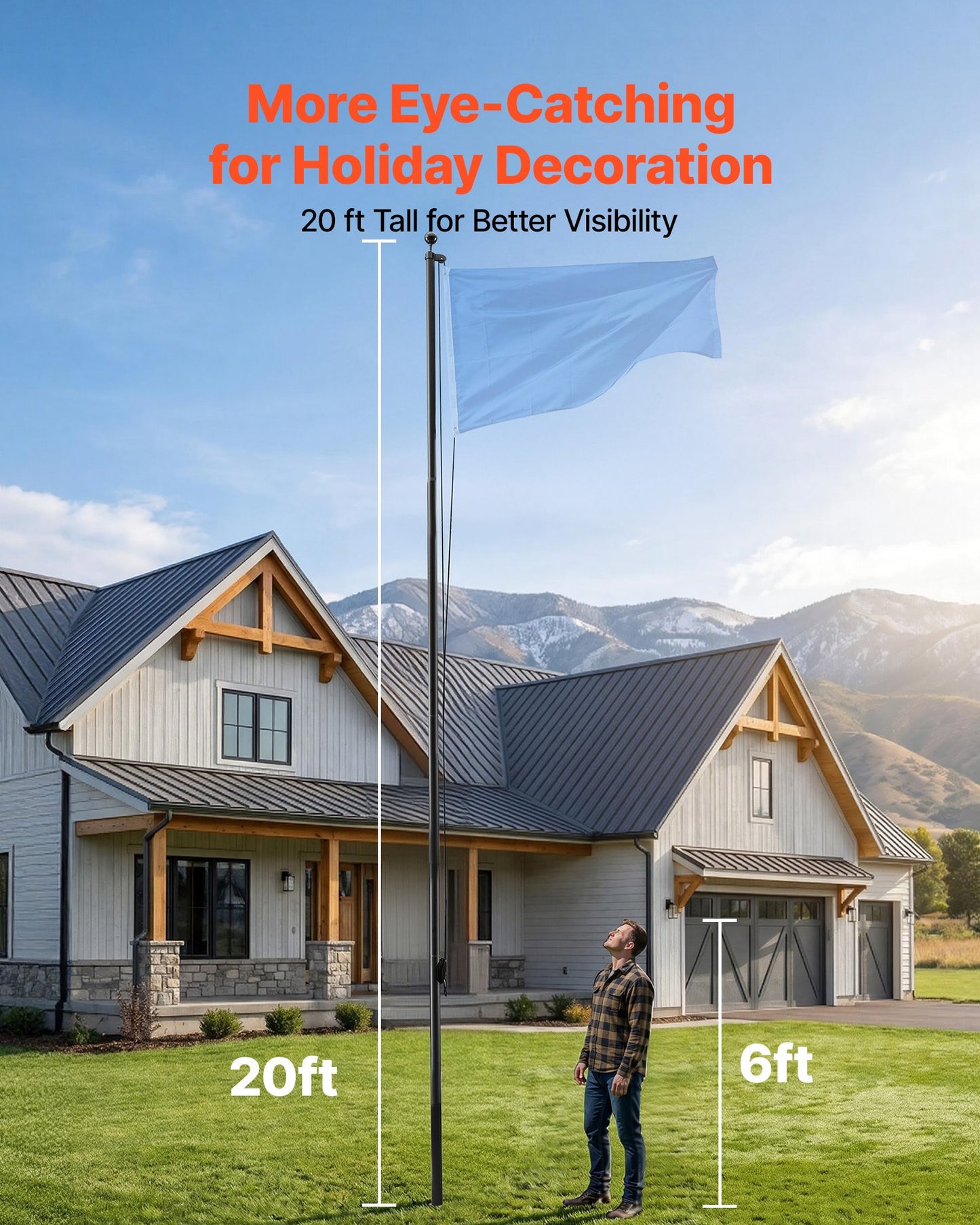 Flag Pole, 6.09 m Heavy Duty Sectional Flagpole Kit for Outside House In Ground, Extra Thick Outdoor Aluminum Flagpole Kit with PVC Ground Sleeve for Yard, Residential or Commercial Use, Black