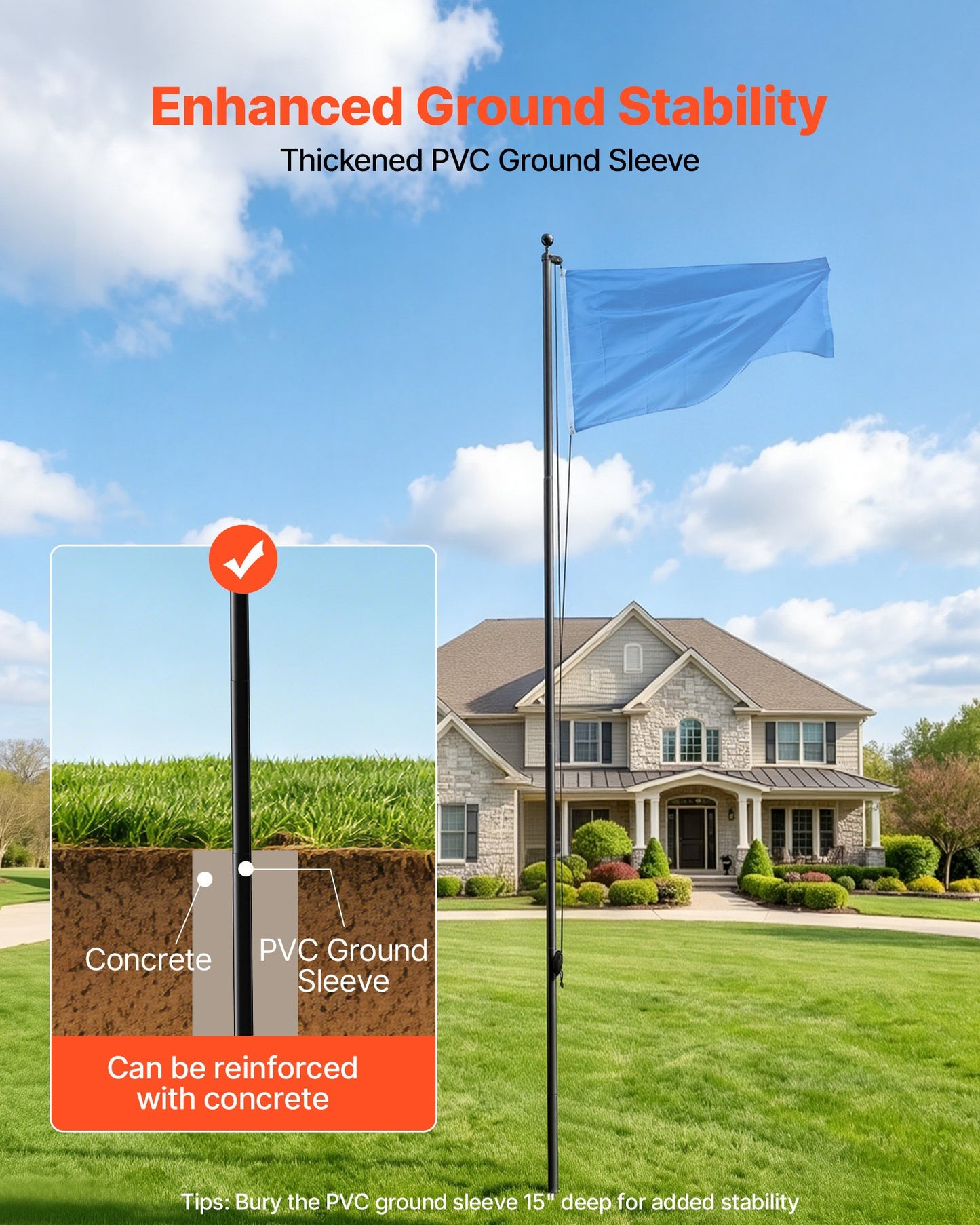 Flag Pole, 6.09 m Heavy Duty Sectional Flagpole Kit for Outside House In Ground, Extra Thick Outdoor Aluminum Flagpole Kit with PVC Ground Sleeve for Yard, Residential or Commercial Use, Black