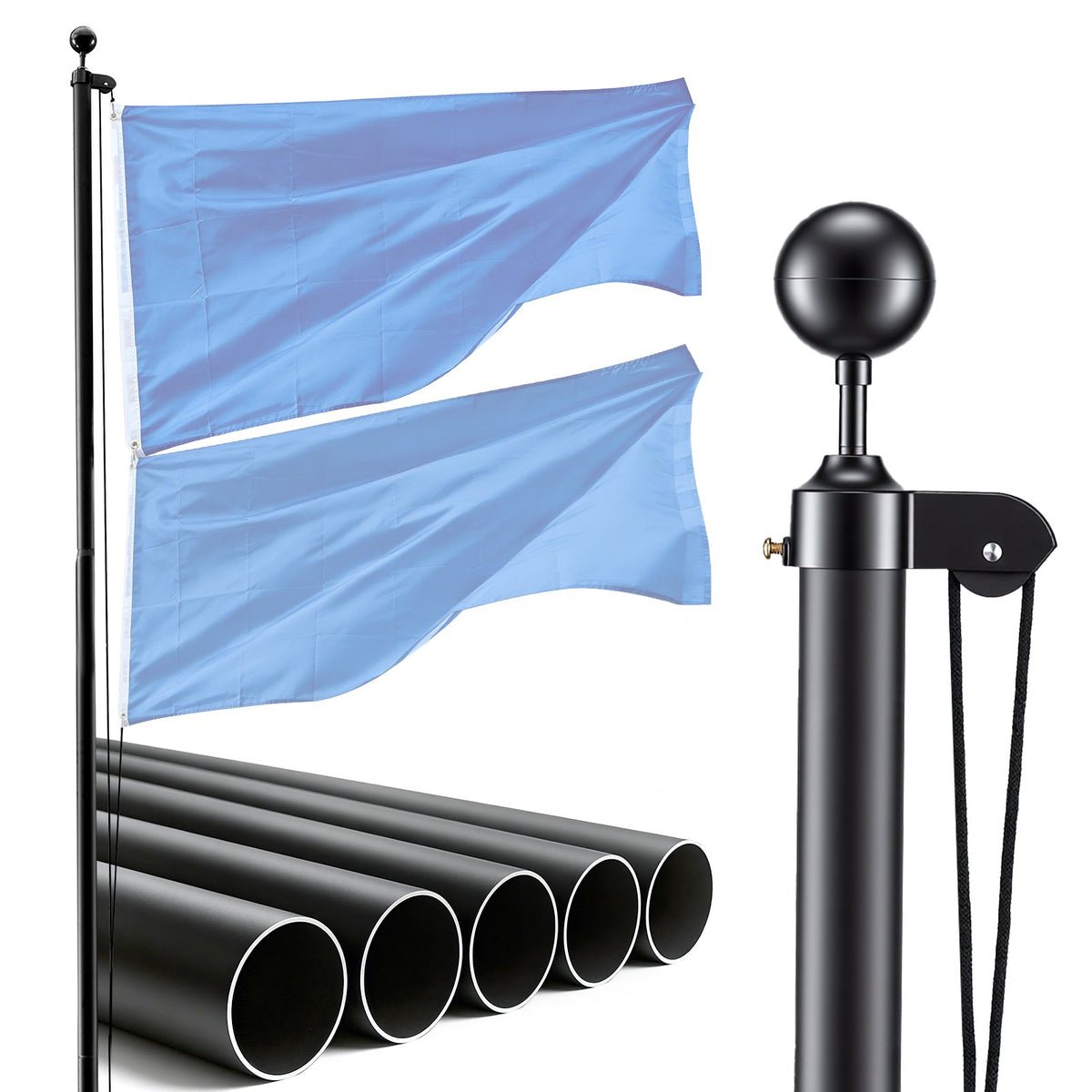 Flag Pole, 6.09 m Heavy Duty Sectional Flagpole Kit for Outside House In Ground, Extra Thick Outdoor Aluminum Flagpole Kit with PVC Ground Sleeve for Yard, Residential or Commercial Use, Black