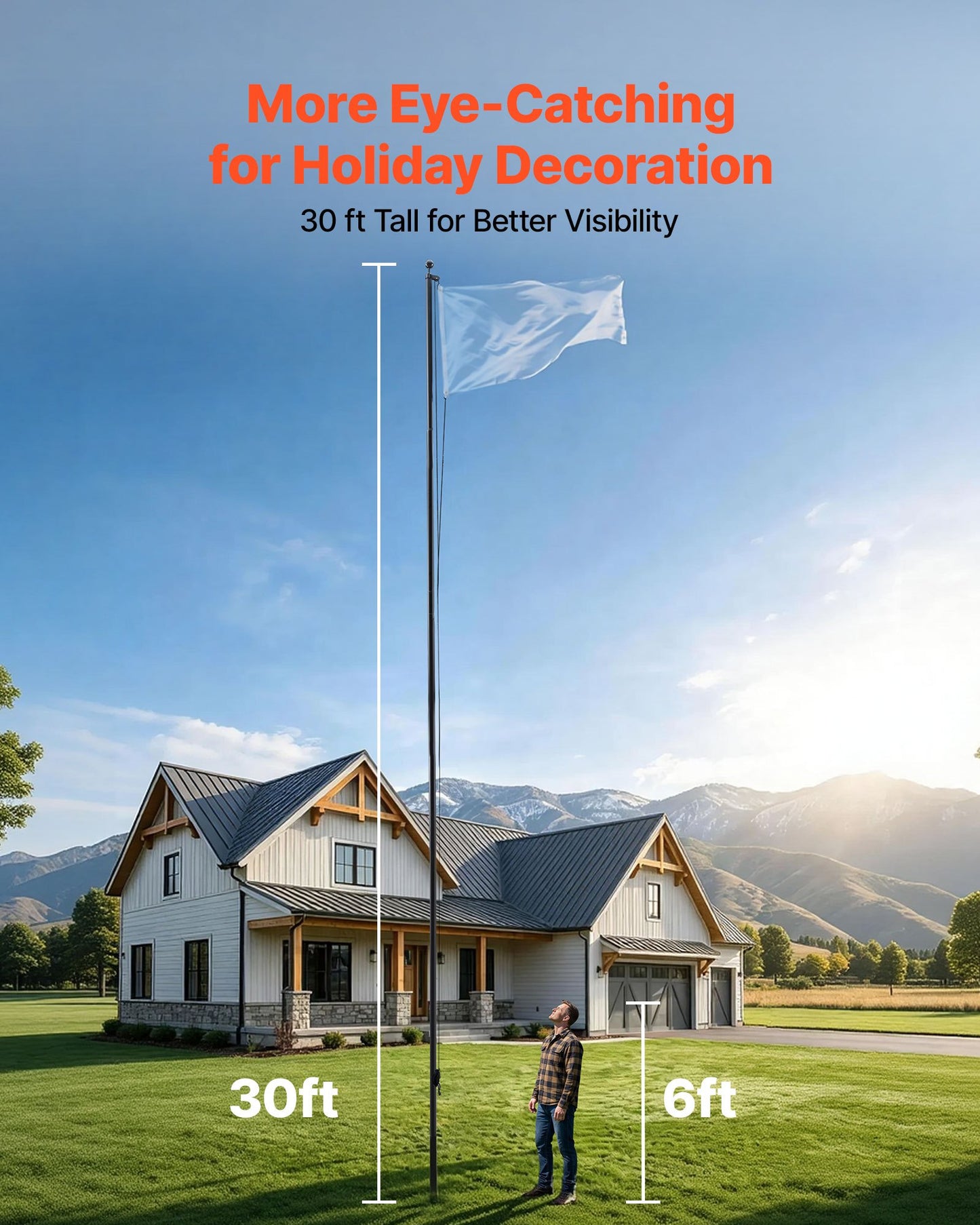 Flag Pole, 9.14 m Heavy Duty Sectional Flagpole Kit for Outside House In Ground, Extra Thick Outdoor Aluminum Flagpole Kit with PVC Ground Sleeve for Yard, Residential or Commercial Use, Black