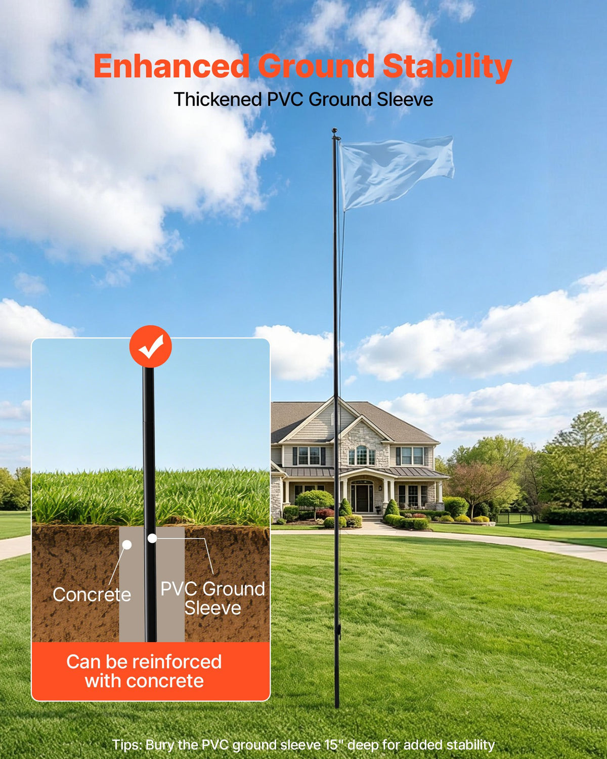 Flag Pole, 9.14 m Heavy Duty Sectional Flagpole Kit for Outside House In Ground, Extra Thick Outdoor Aluminum Flagpole Kit with PVC Ground Sleeve for Yard, Residential or Commercial Use, Black