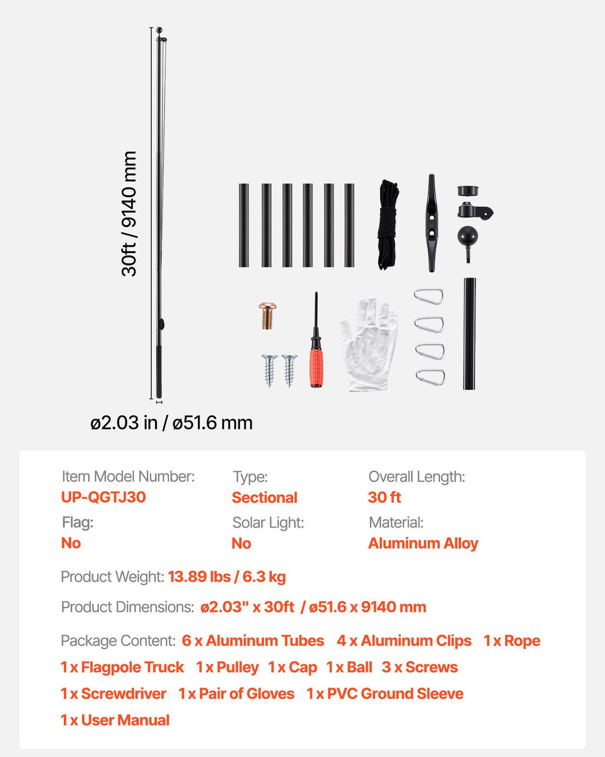 Flag Pole, 9.14 m Heavy Duty Sectional Flagpole Kit for Outside House In Ground, Extra Thick Outdoor Aluminum Flagpole Kit with PVC Ground Sleeve for Yard, Residential or Commercial Use, Black