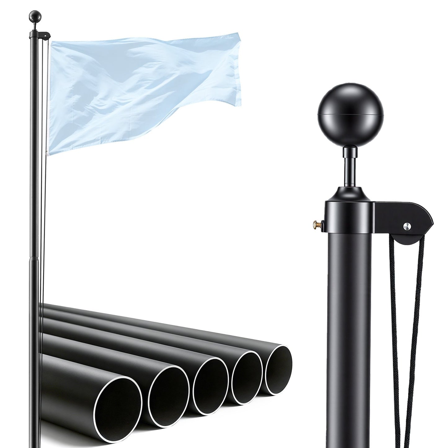 Flag Pole, 9.14 m Heavy Duty Sectional Flagpole Kit for Outside House In Ground, Extra Thick Outdoor Aluminum Flagpole Kit with PVC Ground Sleeve for Yard, Residential or Commercial Use, Black