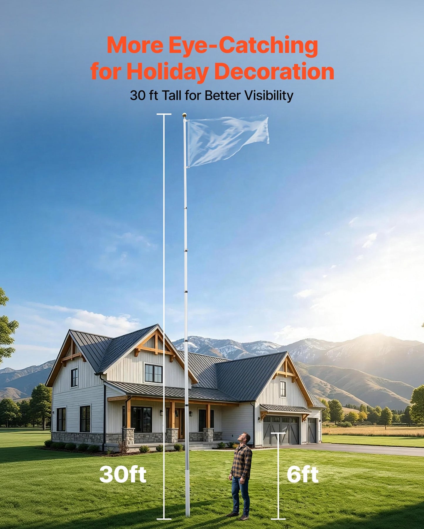 Flag Pole, 9.14 m Heavy Duty Telescopic Flagpole Kit for Outside House In Ground, Extra Thick Outdoor Aluminum Flagpole Kit with PVC Ground Sleeve for Yard, Residential or Commercial Use, Silver