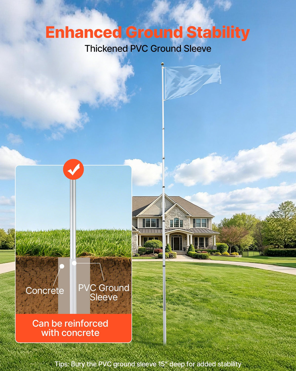 Flag Pole, 9.14 m Heavy Duty Telescopic Flagpole Kit for Outside House In Ground, Extra Thick Outdoor Aluminum Flagpole Kit with PVC Ground Sleeve for Yard, Residential or Commercial Use, Silver