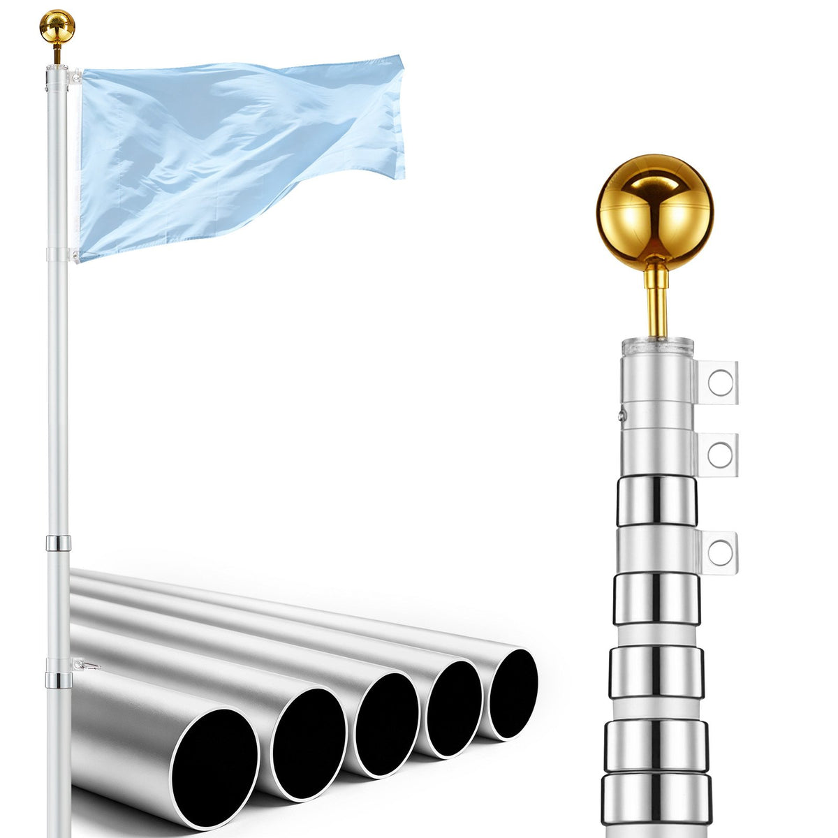 Flag Pole, 9.14 m Heavy Duty Telescopic Flagpole Kit for Outside House In Ground, Extra Thick Outdoor Aluminum Flagpole Kit with PVC Ground Sleeve for Yard, Residential or Commercial Use, Silver