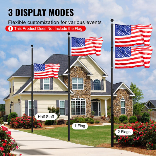 20m Telescopic Flagpole Kit - Heavy Duty Aluminum, Black, with Accessories