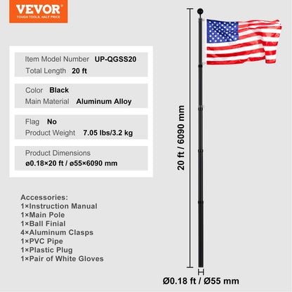 VEVOR 20FT Telescopic Flagpole Kit, Heavy Duty Aluminum Alloy Flag Pole Kit in Ground