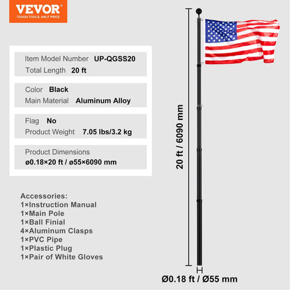20m Telescopic Flagpole Kit - Heavy Duty Aluminum, Black, with Accessories