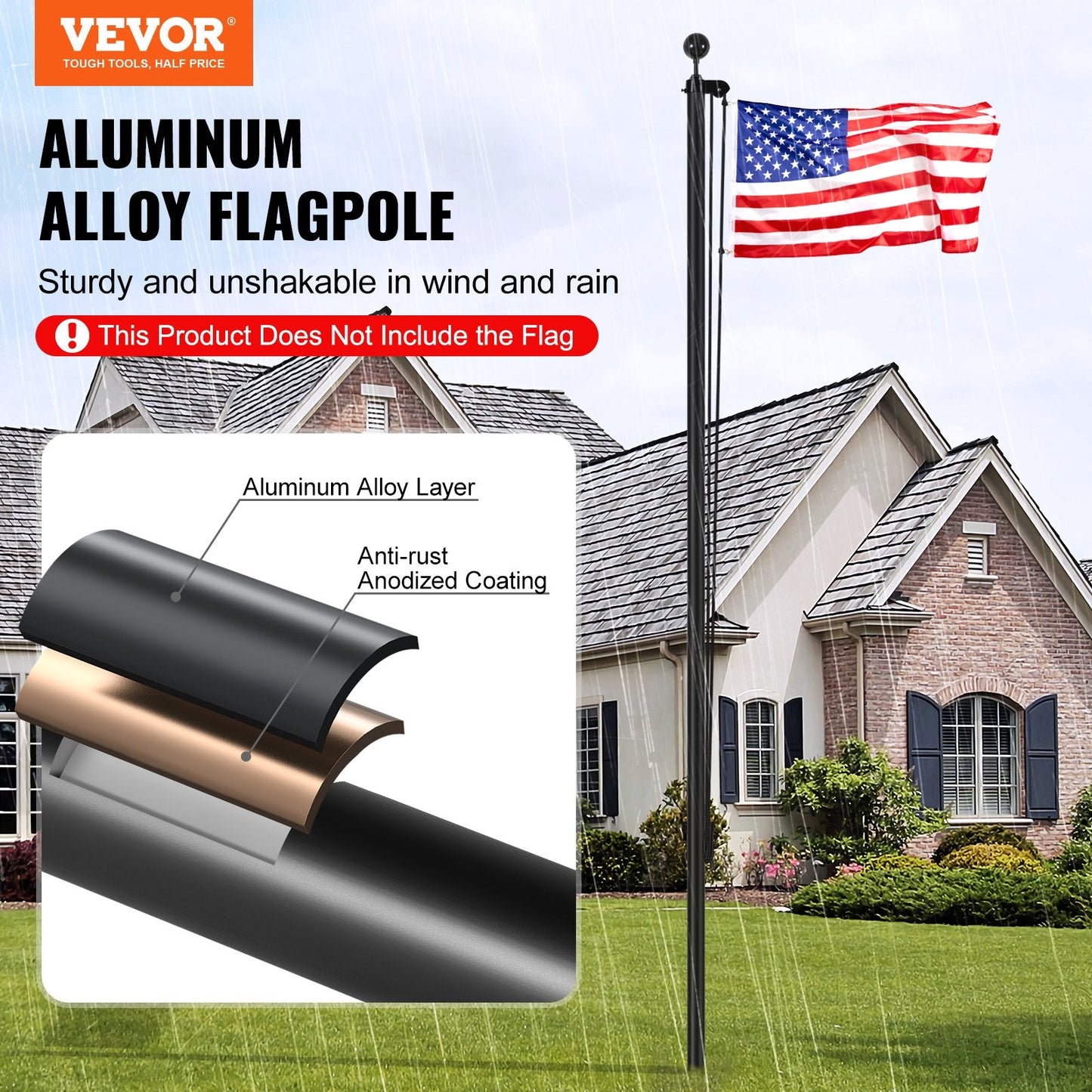 20 Meter Heavy Duty Aluminum Flagpole Kit - Black, Detachable & Easy Install